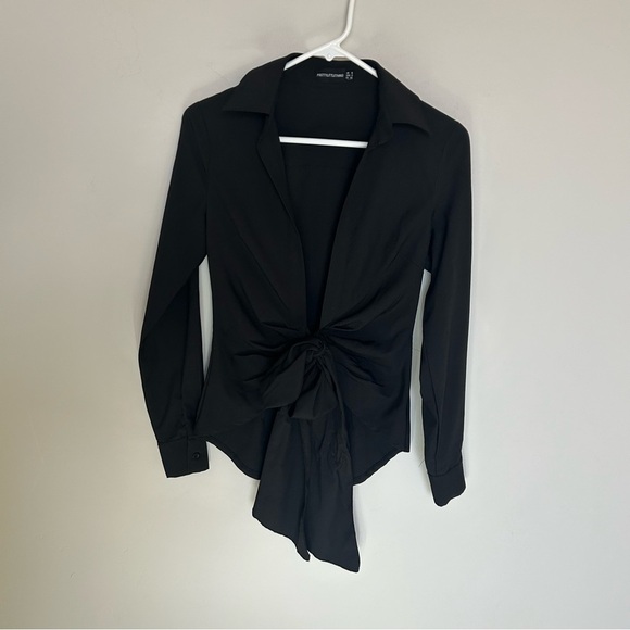 Women’s Black Pretty Little Thing Tie Front Shirt, Size 2 - Picture 1 of 7